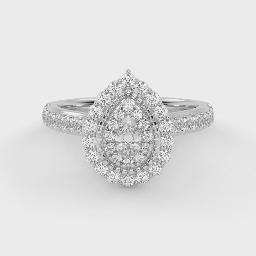 IGI Certified Pear and Round 0.90 Carat Lab Grown Diamond Double Halo Engagement Ring