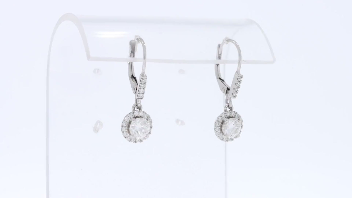 Load and play video in Gallery viewer, 1 Carat Center 5MM Lab Created Moissanite Diamond Lever Back Halo Drop Earrings In 925 Sterling Silver (VVS1 Clarity, 1 Cttw)
