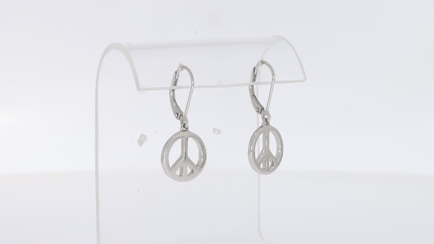 Glossy Peace Sign Lever Back Dangle Earrings for Women in 925 Sterling Silver