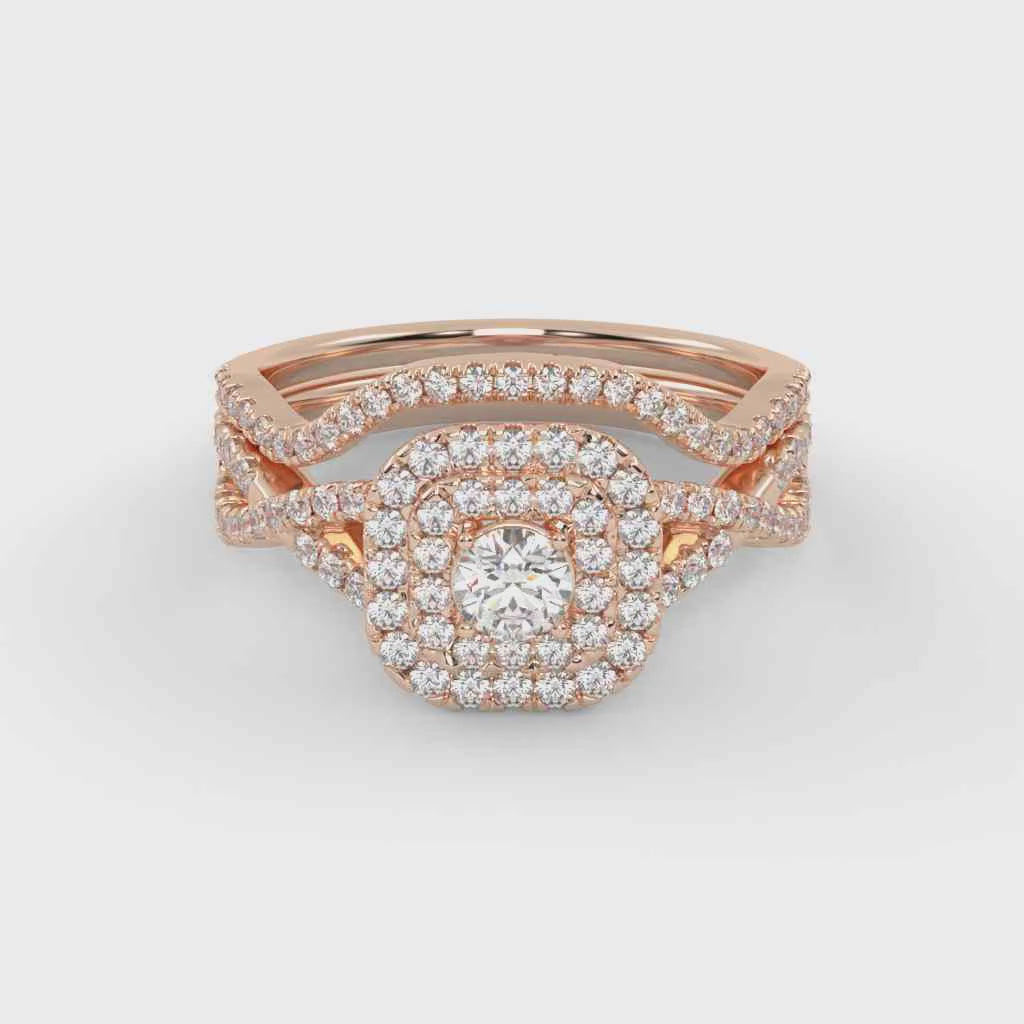 Round Cut 0.90 Carat Lab Grown Diamond Twisted Infinity Halo Solitaire Bridal Set Ring