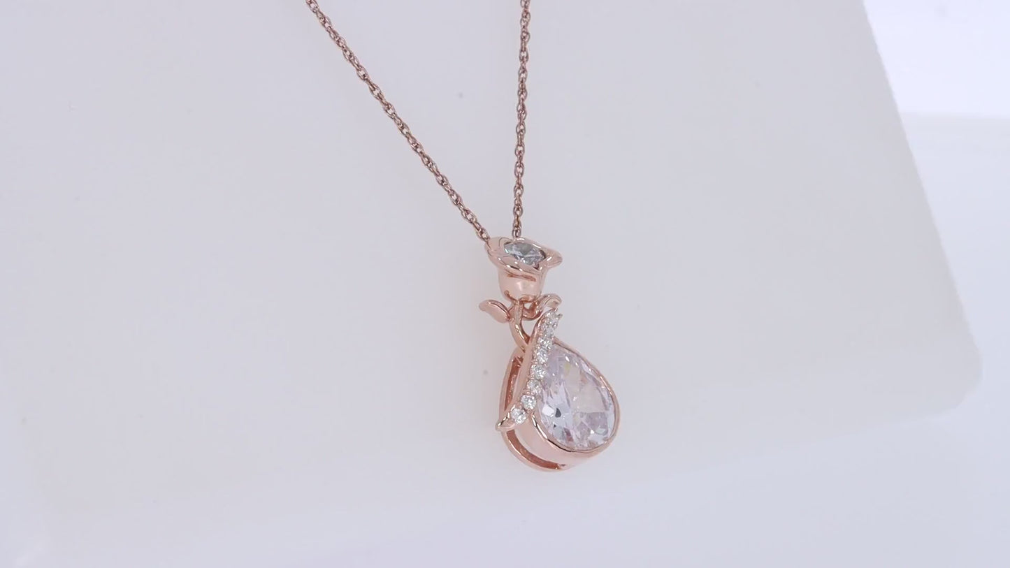Load and play video in Gallery viewer, Simulated Birthstone Rose Flower Teardrop Pendant Necklace In 14K Rose Gold Over Sterling Silver Jewelry Pendant Necklace 2024 Gift For Her
