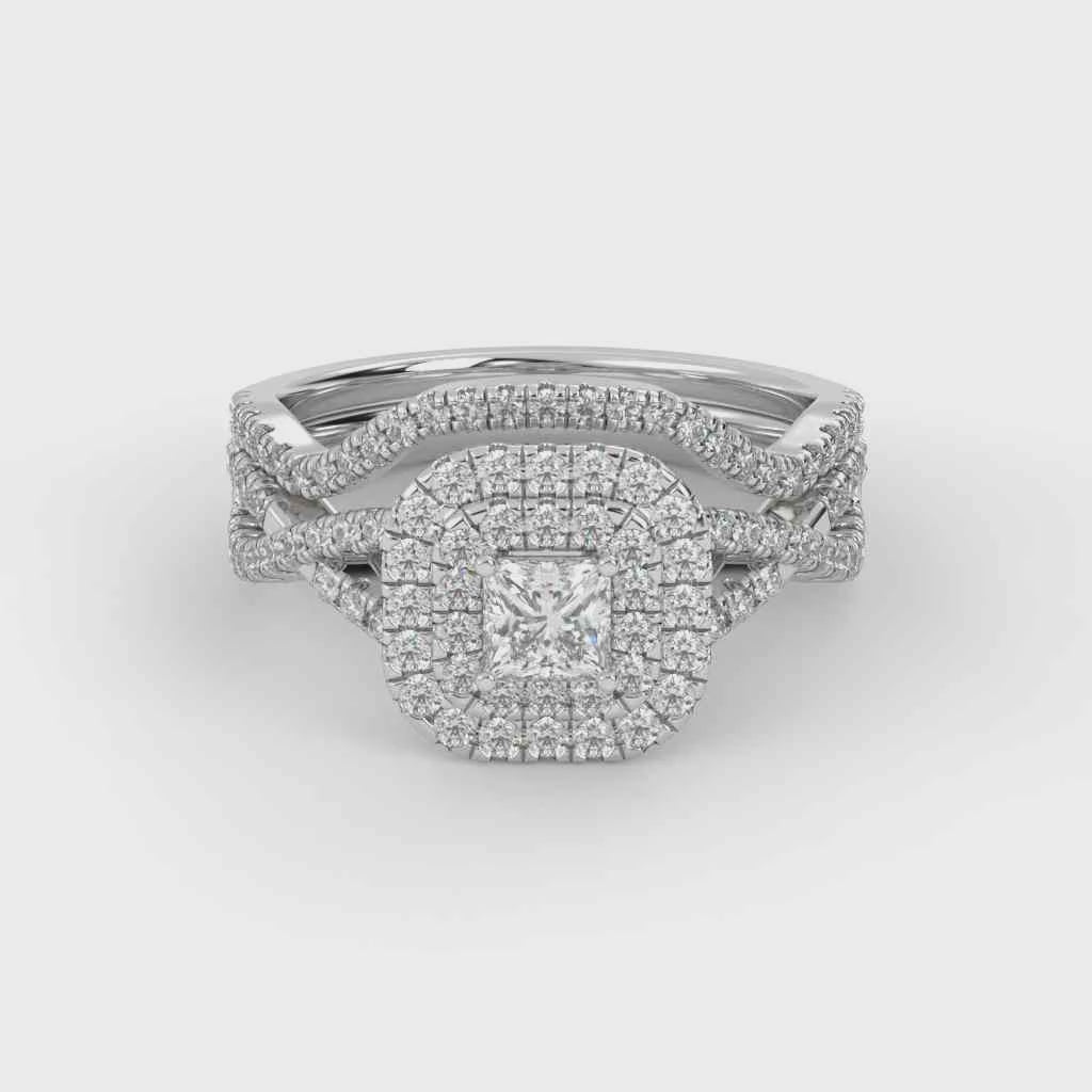 Princess Cut 1.00 Carat Lab Grown Diamond Twisted Infinity Halo Solitaire Bridal Set Ring