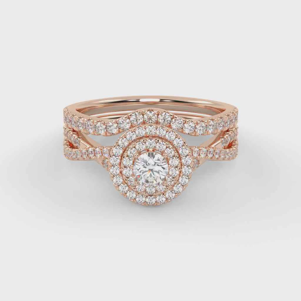 Round Cut 0.80 Carat Lab Grown Diamond Twisted Infinity Double Halo Solitaire Bridal Set Ring