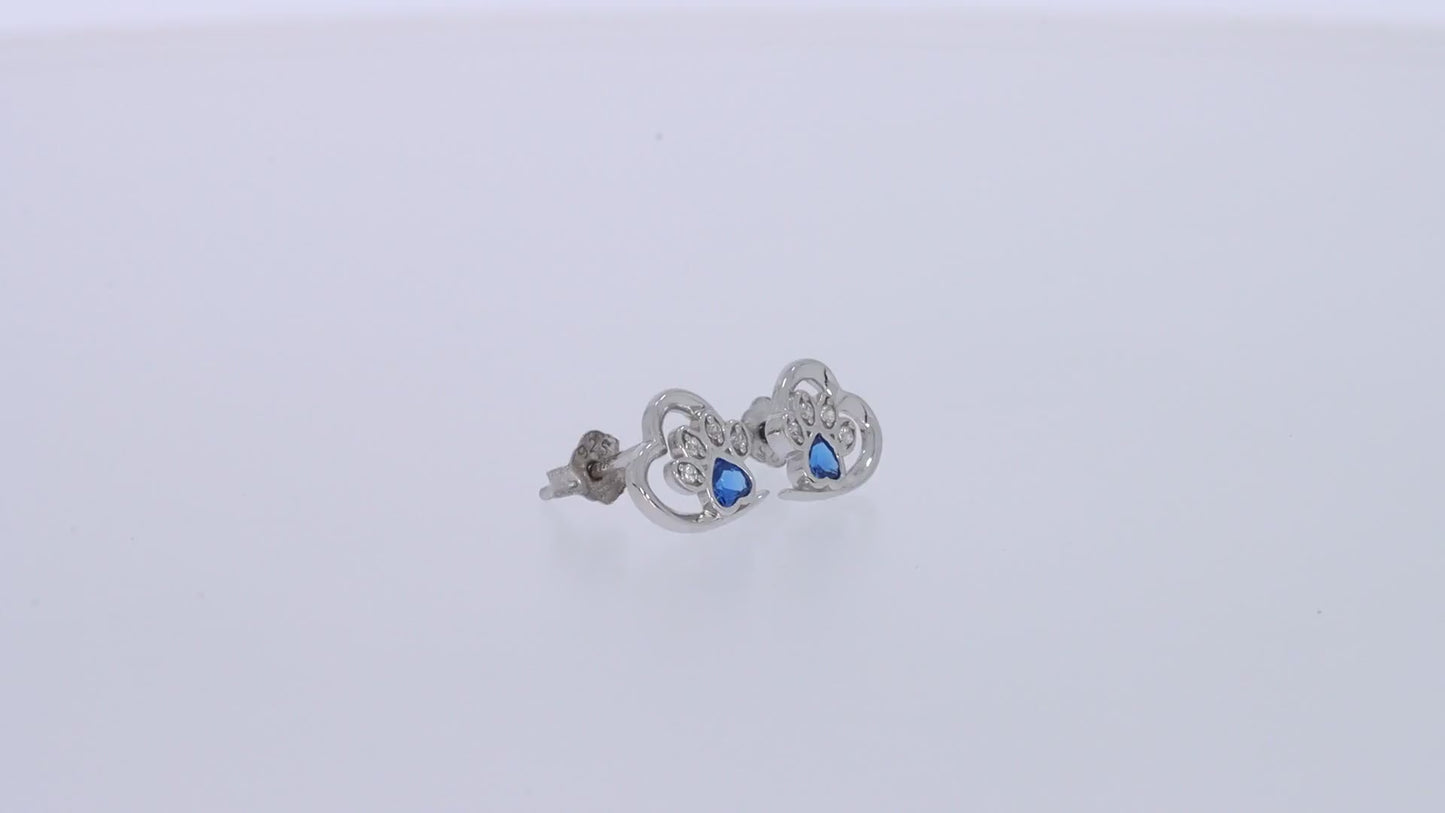 Load and play video in Gallery viewer, Heart &amp;amp; Round Cut Simulated Birthstone &amp;amp; White Cubic Zirconia Cat Puppy Paw Print Stud Earrings In 925 Sterling Silver
