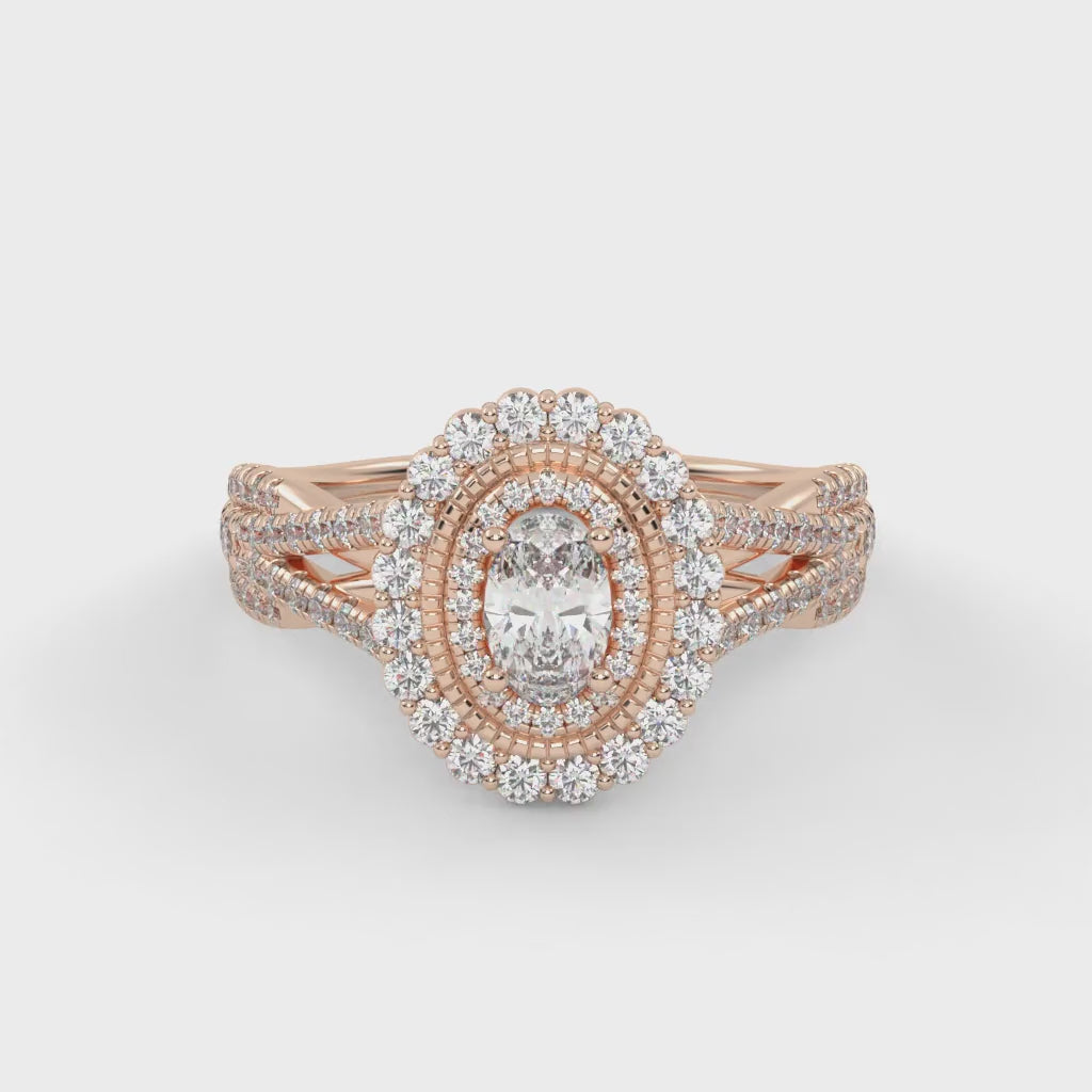 IGI Certified 1.00 Carat Oval & Round Twisted Shank Double Halo Ring