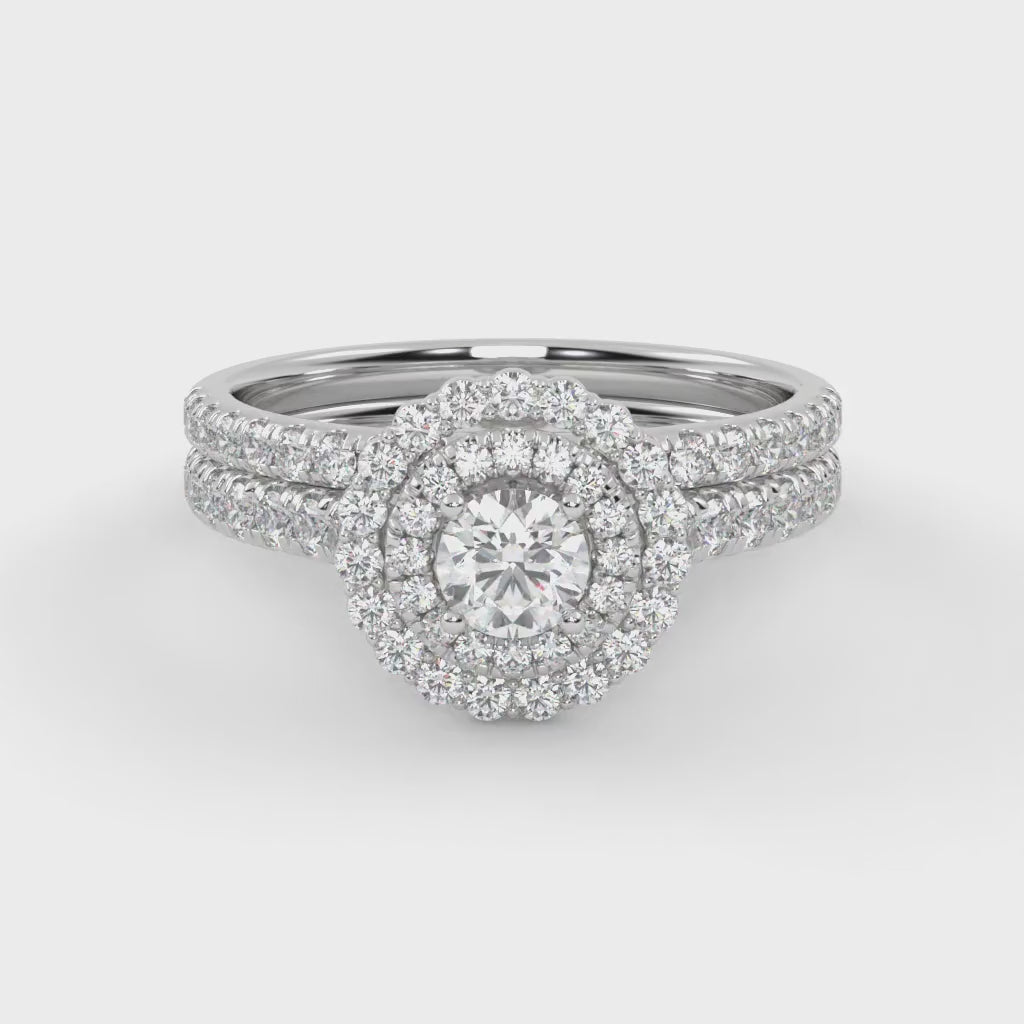 IGI Certified Round Cut 1.00 Carat Lab Grown Diamond Double Halo Solitaire Bridal Set Ring