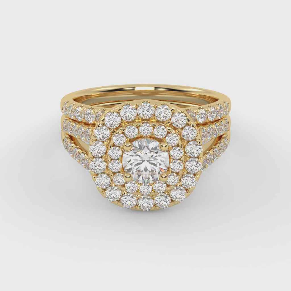 IGI Certified Round Shape Split Shank Double Halo Bridal Set Ring