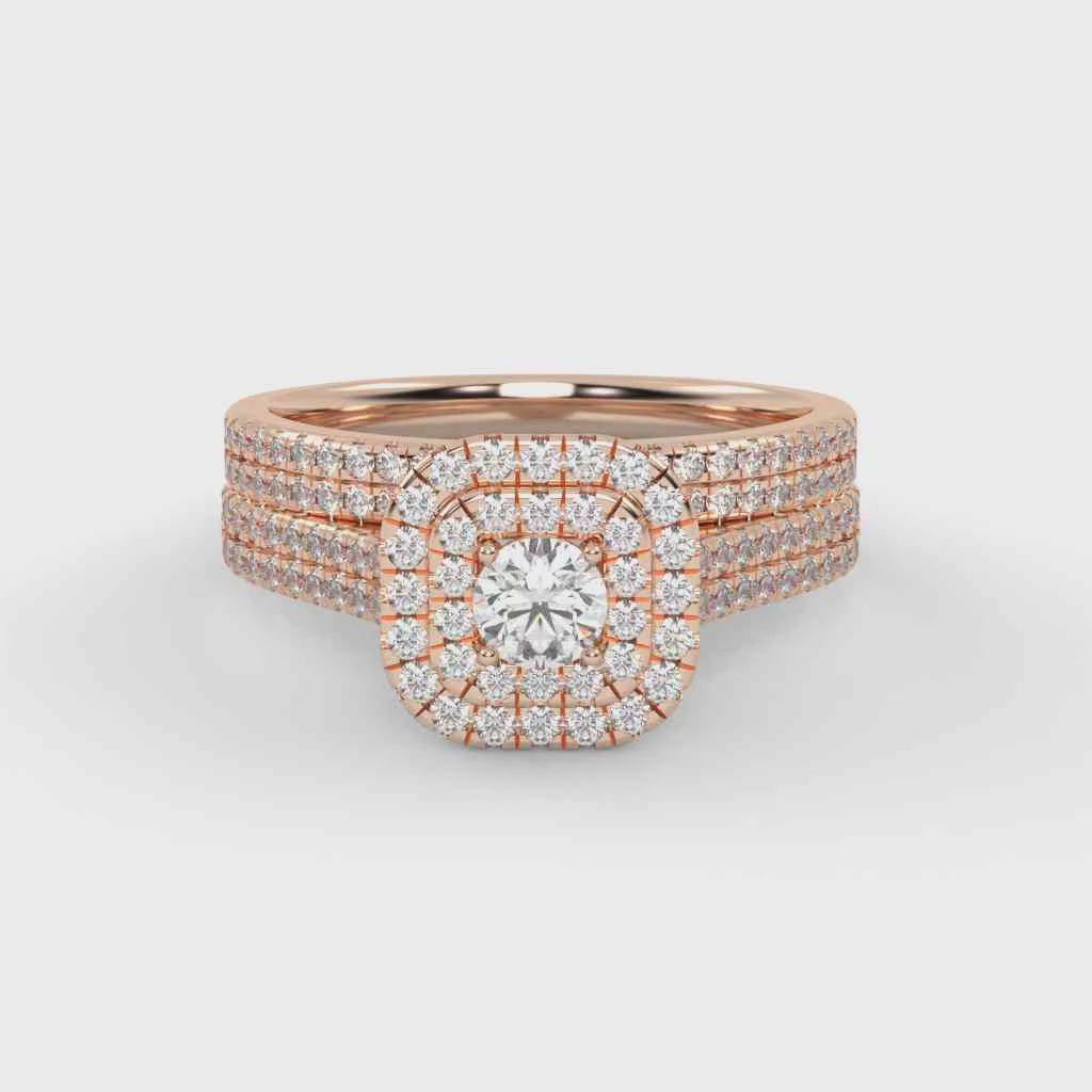 IGI Certified Round Cut Eternity Double Row Halo Bridal Set Ring