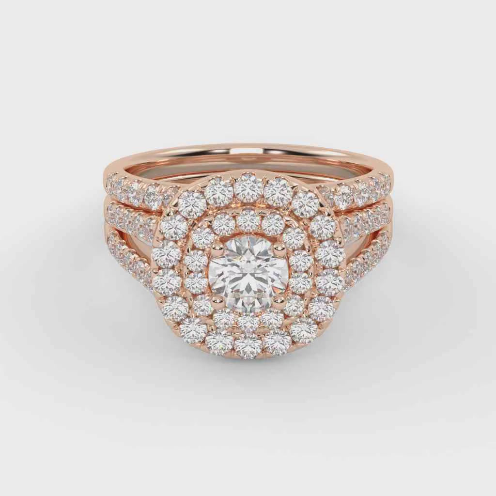 IGI Certified Round Shape Split Shank Double Halo Bridal Set Ring