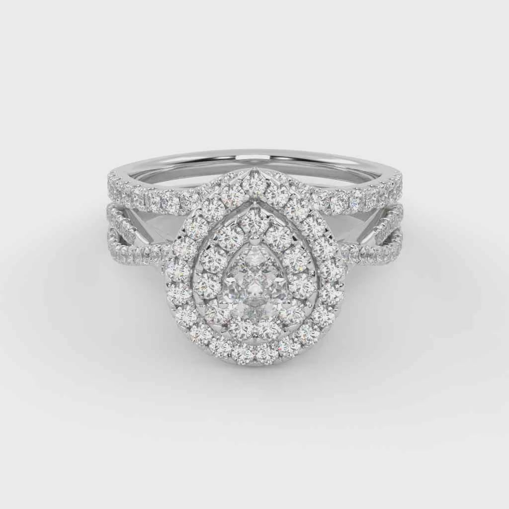 IGI Certified Pear Cut Split Shank Infinity Twisted Double Halo Bridal Set Ring