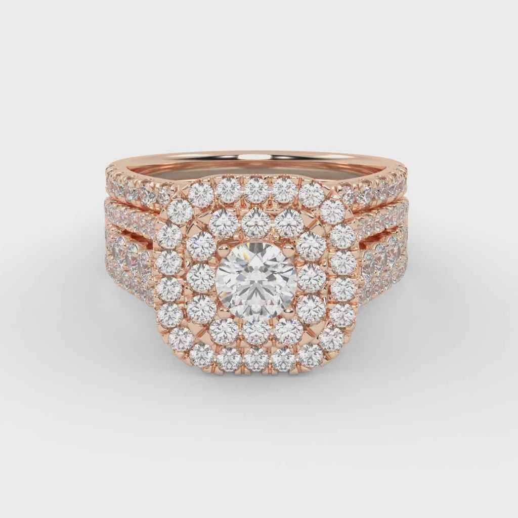 IGI Certified Lab Diamond 3 Row Double Halo Bridal Set Ring