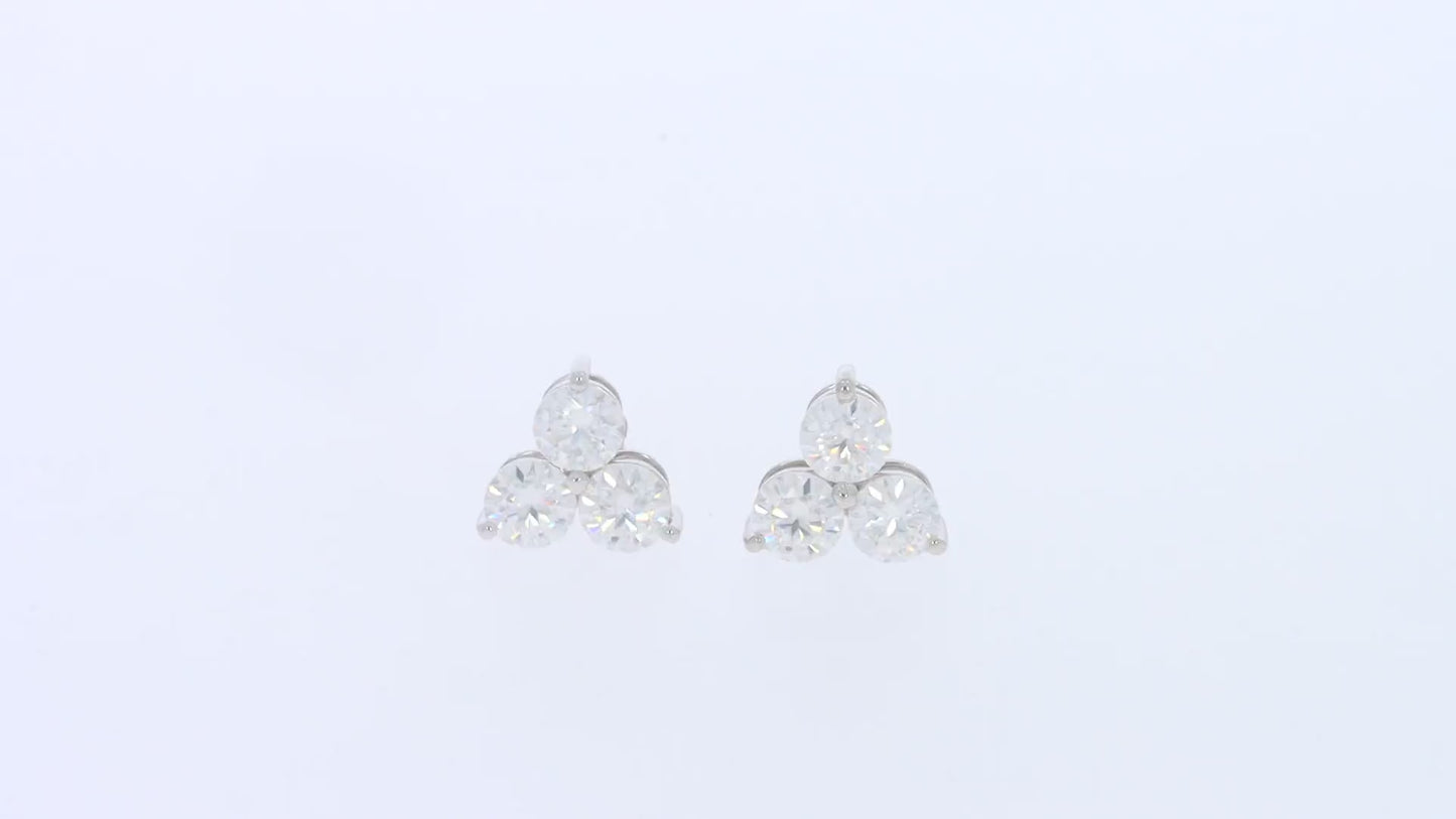Load and play video in Gallery viewer, 2 1/2 Carat Round Cut Lab Created Moissanite Diamond Push Back Three Stone Stud Earrings In 925 Sterling Silver (2.50 Cttw)
