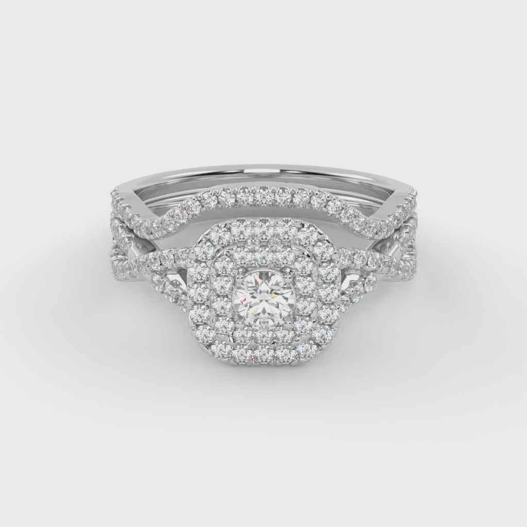 Round Cut 0.90 Carat Lab Grown Diamond Twisted Infinity Halo Solitaire Bridal Set Ring
