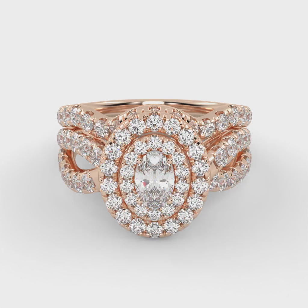 IGI Certified Twisted Shank Double Halo Diamond Bridal Set Ring