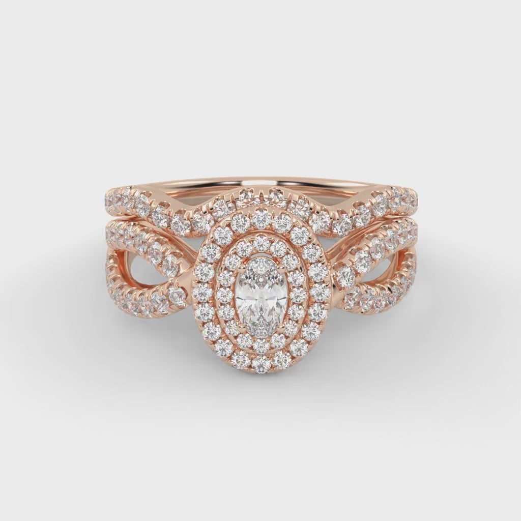 IGI Certified Twisted Shank Double Halo Diamond Bridal Set Ring