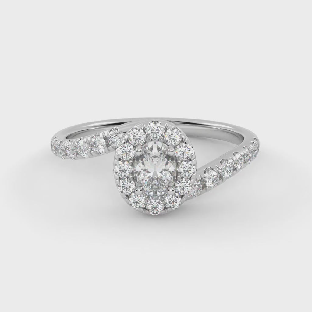 IGI Certified Oval and Round Cut 0.85 Carat Lab Grown Diamond Bypass Halo Solitaire Engagement Ring
