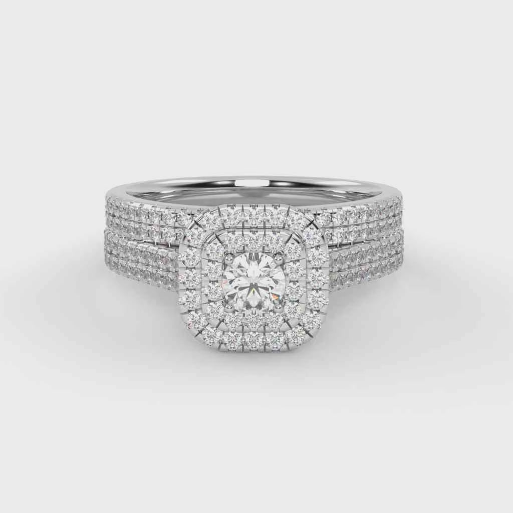 IGI Certified Round Cut Eternity Double Row Halo Bridal Set Ring