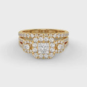 IGI Certified Princess Cut 3 Stone Halo Solitaire Bridal Set Ring