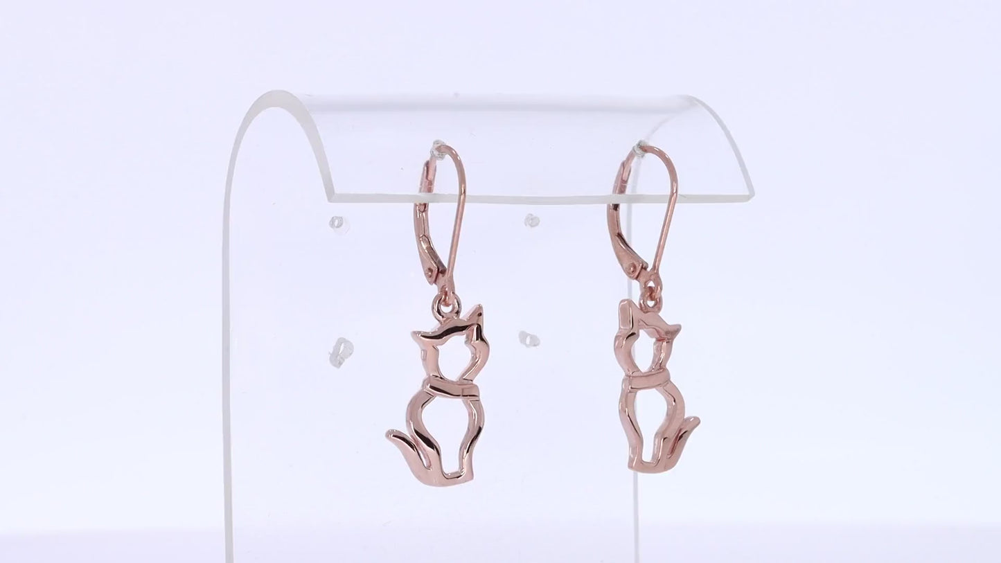 Kitty Cat Leverback Post Dangle Earrings for Women in 925 Sterling Silver