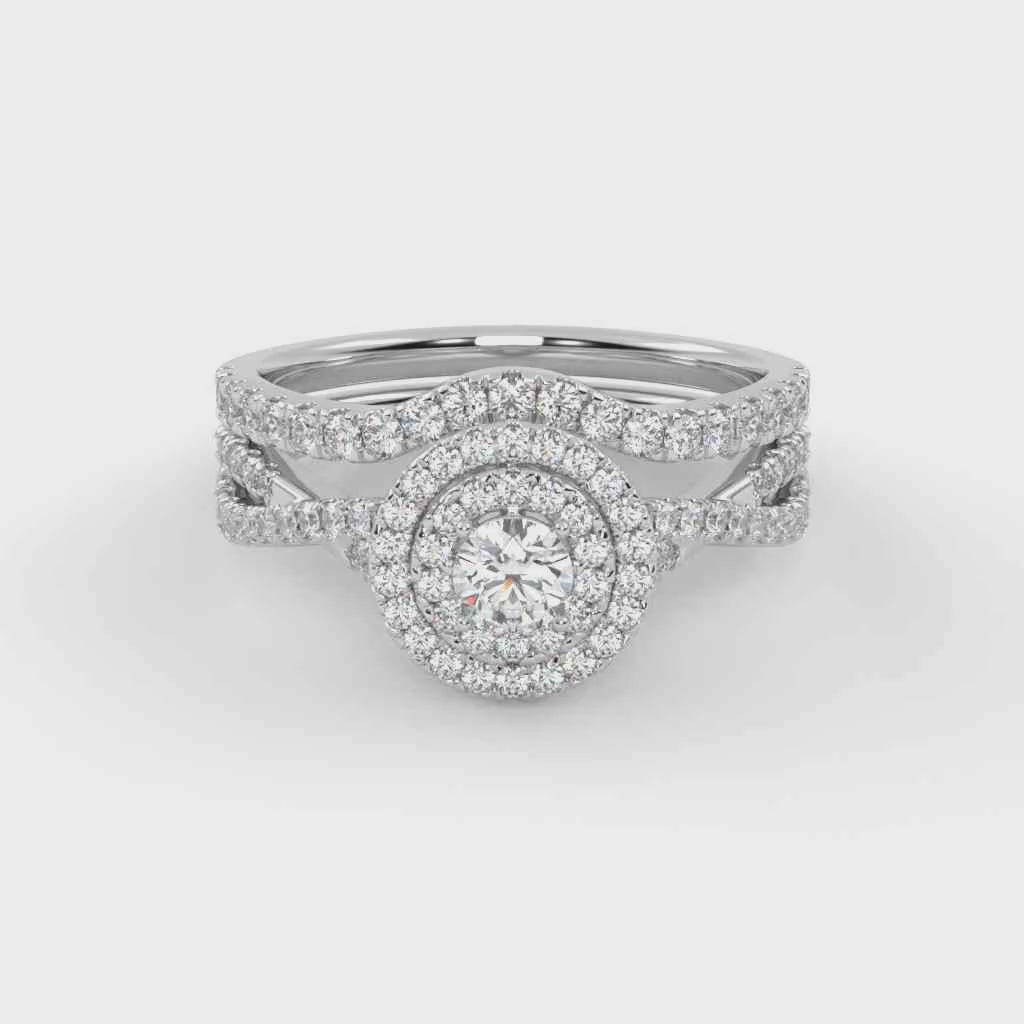 Round Cut 0.80 Carat Lab Grown Diamond Twisted Infinity Double Halo Solitaire Bridal Set Ring