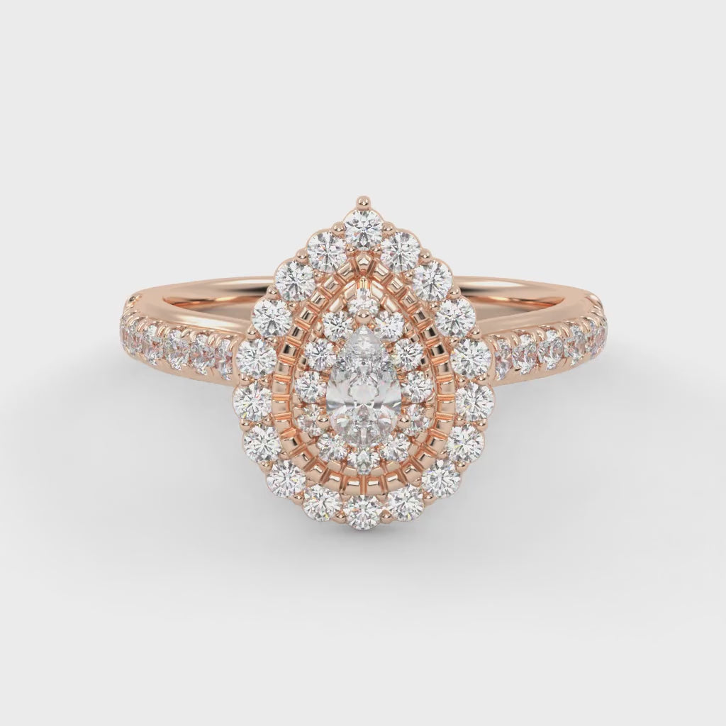 IGI Certified Pear and Round 0.90 Carat Lab Grown Diamond Double Halo Engagement Ring