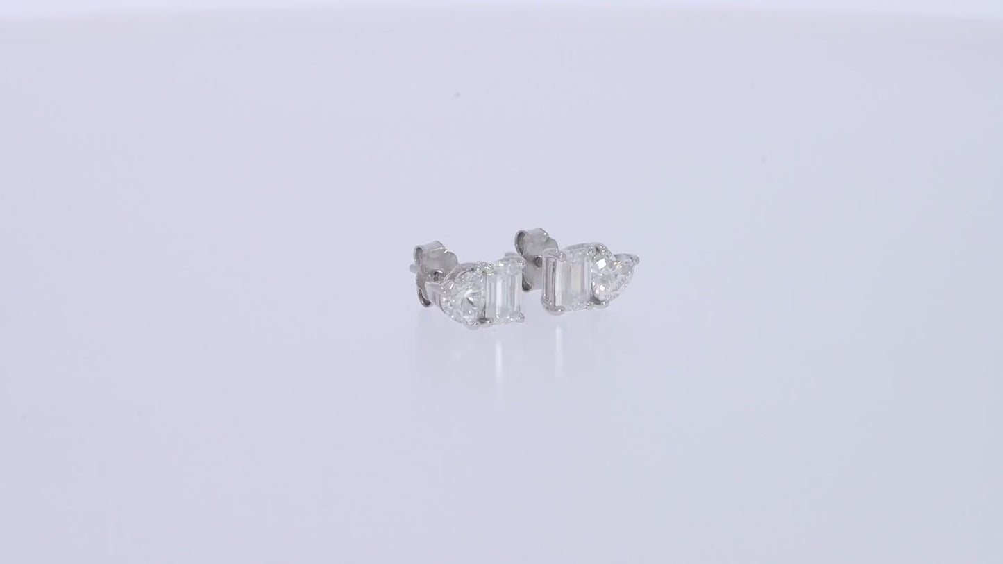 Emerald & Heart Cut Lab Created Moissanite Diamond 2 Stone Toi Et Moi Stud Earring In 925 Sterling Silver (1.70 Cttw)