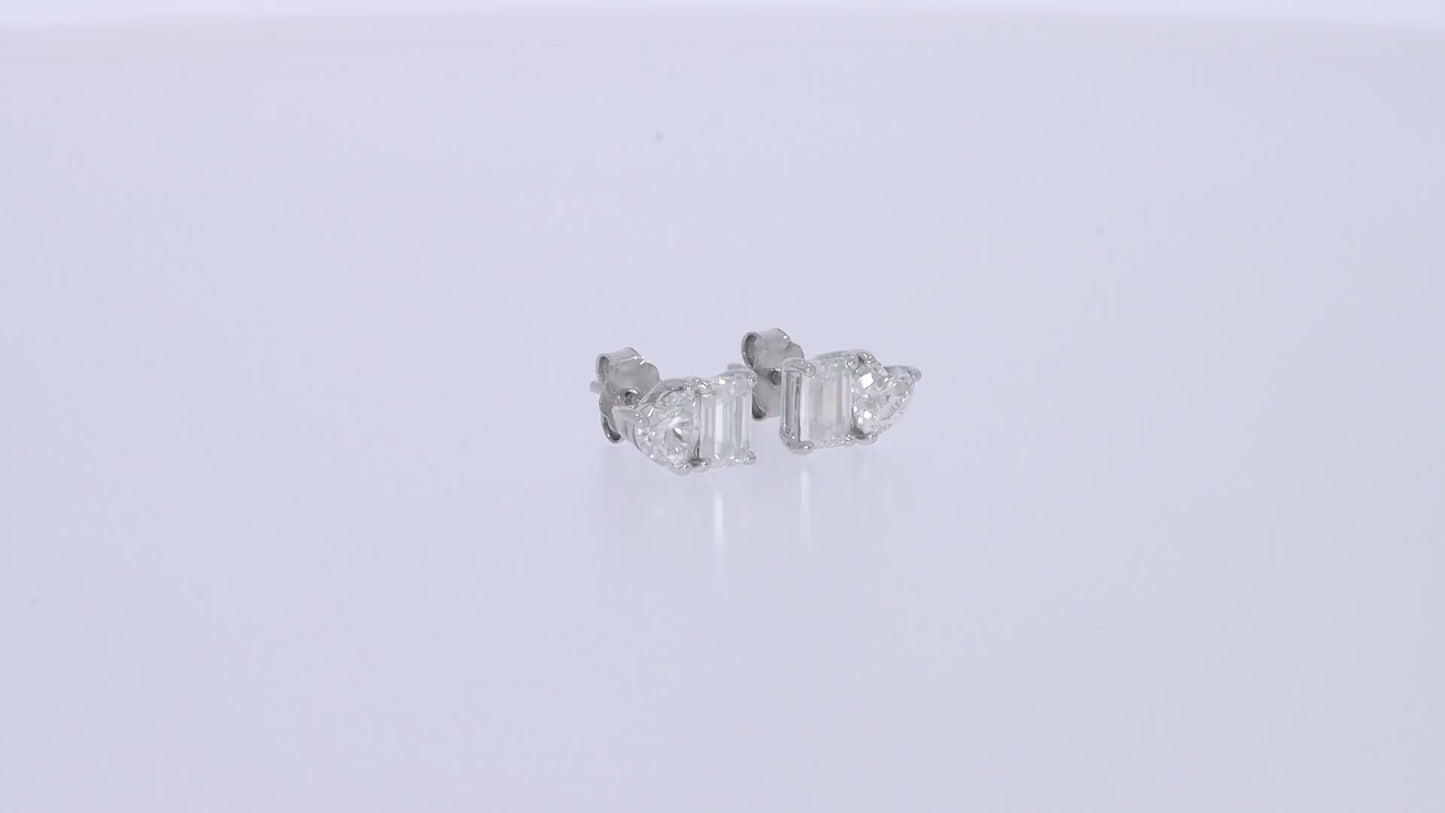 Load and play video in Gallery viewer, Emerald &amp;amp; Heart Cut Lab Created Moissanite Diamond 2 Stone Toi Et Moi Stud Earring In 925 Sterling Silver (1.70 Cttw)
