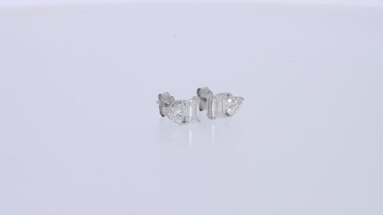Load and play video in Gallery viewer, Emerald &amp;amp; Heart Cut Lab Created Moissanite Diamond 2 Stone Toi Et Moi Stud Earring In 925 Sterling Silver (1.70 Cttw)

