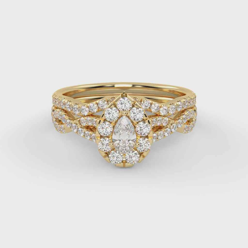 Pear Cut 1.00 Carat Lab Grown Diamond Twisted Infinity Halo Solitaire Bridal Set Ring