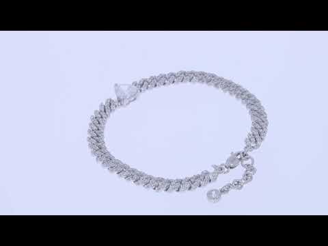 Heart & Round Cut Sparkling White Cubic Zirconia Adjustable Single Row Cuban Chain Bracelet In 925 Sterling Silver