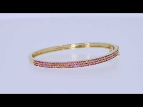 Load and play video in Gallery viewer, 3-Row Pave Set Bangle Bracelet For Women Round Simulated Pink Sapphire In 14K Solid Gold (6.00&amp;quot; to 7.50&amp;quot;)

