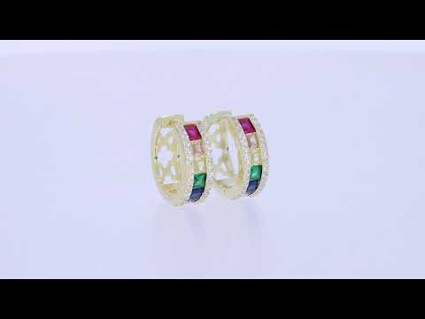 Rainbow Hoop Earrings for Women, 14K Gold Plated 925 Sterling Silver Multi-Color Cubic Zirconia Round Huggie Earrings, Hypoallergenic Earrings Jewelry Gifts