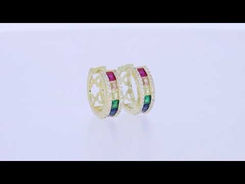 Load and play video in Gallery viewer, Rainbow Hoop Earrings for Women, 14K Gold Plated 925 Sterling Silver Multi-Color Cubic Zirconia Round Huggie Earrings, Hypoallergenic Earrings Jewelry Gifts
