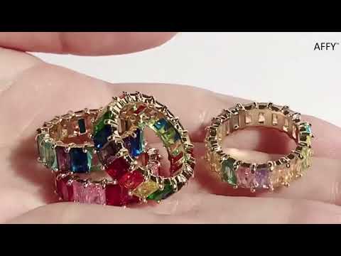 Load and play video in Gallery viewer, Emerald-Cut Multi Color AAA Created-Gemstone Rainbow Eternity Ring In 18K Gold Plated Brass
