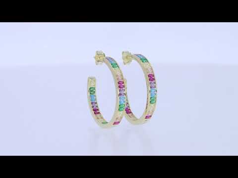 Load and play video in Gallery viewer, Rainbow Hoop Earrings for Women, Multi-Color Cubic Zirconia Inside-Outside Large Big Hoop Earrings, Hypoallergenic Jewelry for Sensitive Ears In 14K Gold Plated 925 Sterling Silver
