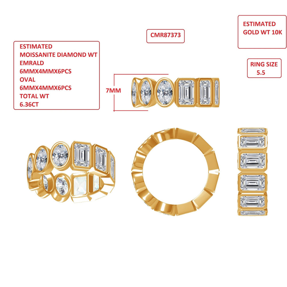 Half And Half Eternity Ring For Women, 6.35 Carat 6X4MM Oval And Emerald Shape Lab Created Moissanite Diamond Stackable Wedding Band Ring In 10K Solid Gold Jewelry