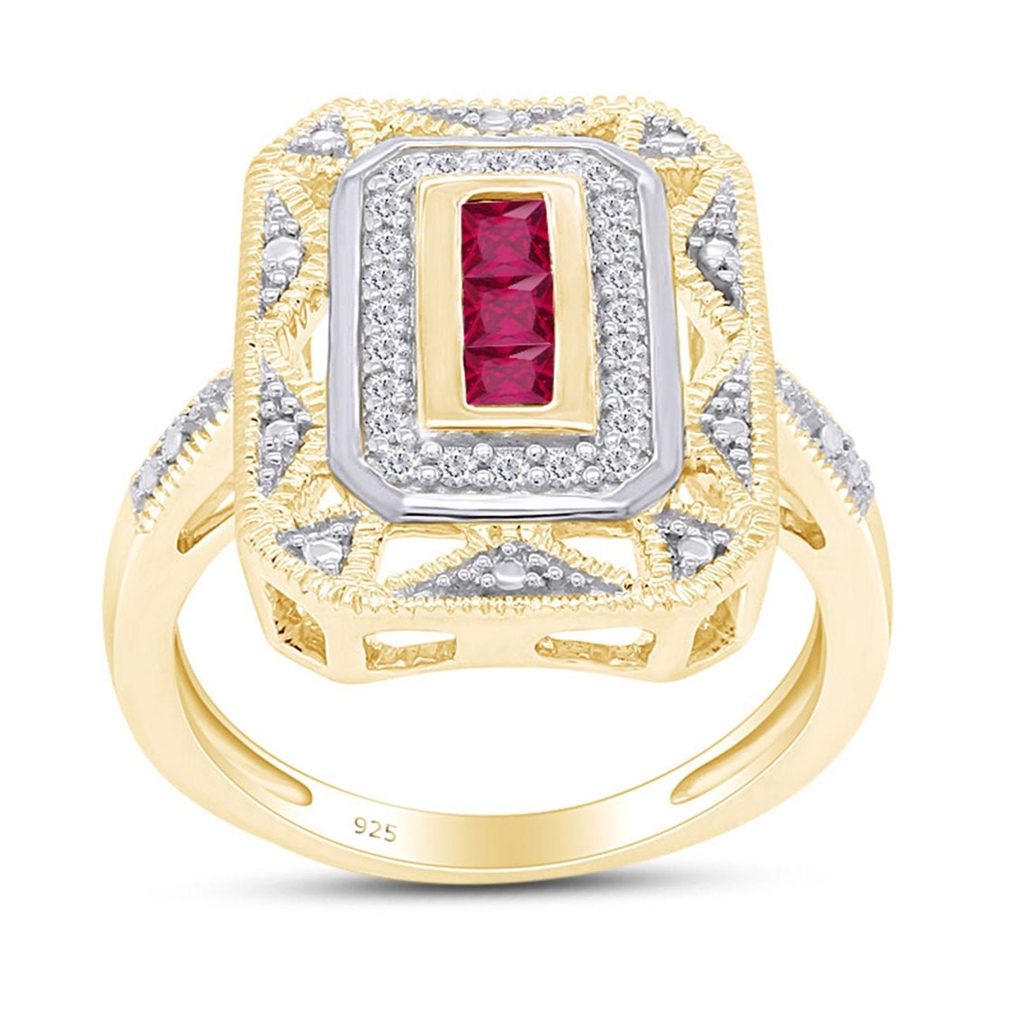 Load image into Gallery viewer, 0.30 Carat Princess Cut Simulated Ruby &amp;amp; White Natural Diamond Two Tone Ring In 925 Sterling Silver
