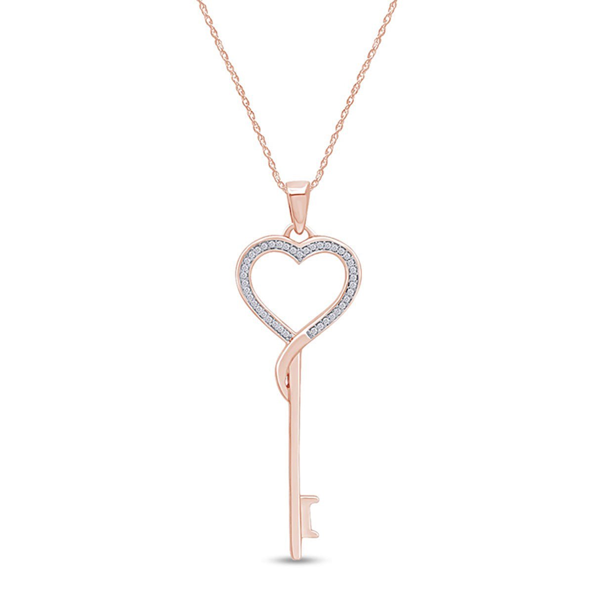 0.10 Carat Natural Diamond Heart Key Pendant Necklace For Women In 925 Sterling Silver