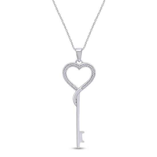 Load image into Gallery viewer, 0.10 Carat Natural Diamond Heart Key Pendant Necklace For Women In 925 Sterling Silver
